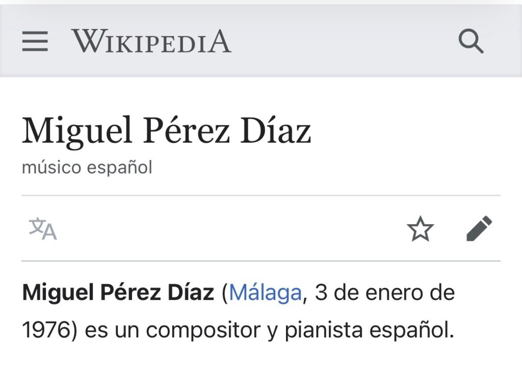 Entrada de Miguel Pérez Díaz en Wikipedia, biografía del compositor y pianista Miguel Pérez